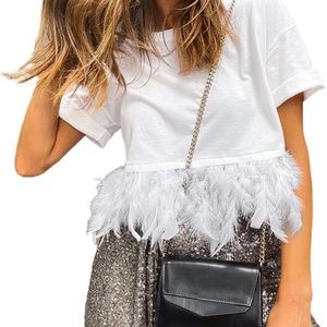 Women Vintage Feather Sleeve Crop Top Shirt Harajuku E-Girl Streetwear